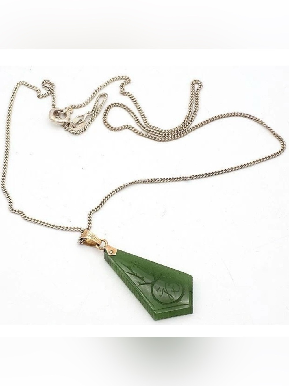 Jade Tear Drop Art Deco Pendant With 14K Gold Setting